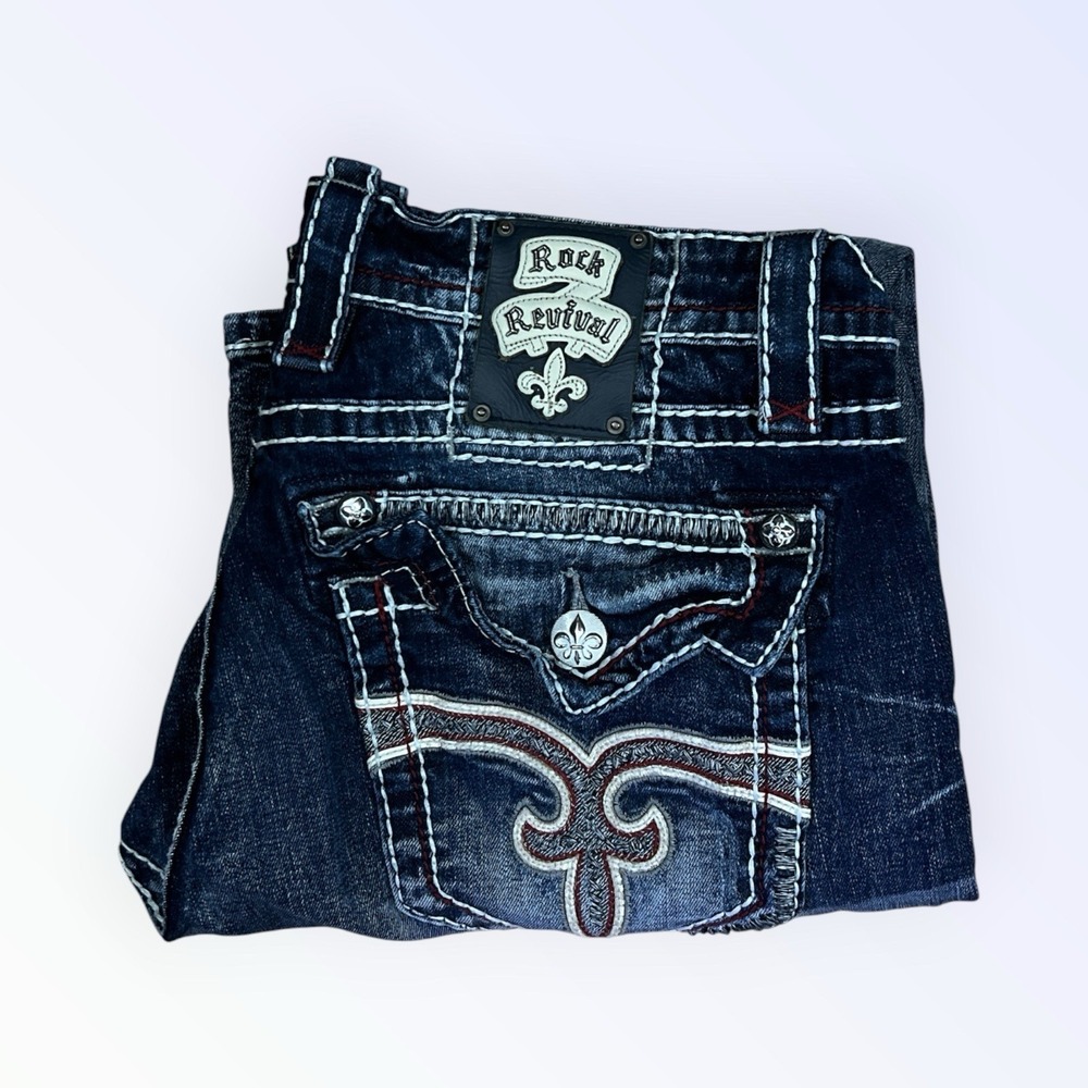 ROCK REVIVAL STEVEN STRAIGHT JEANS MENS 38 MEDIUM WASH WHISKERING